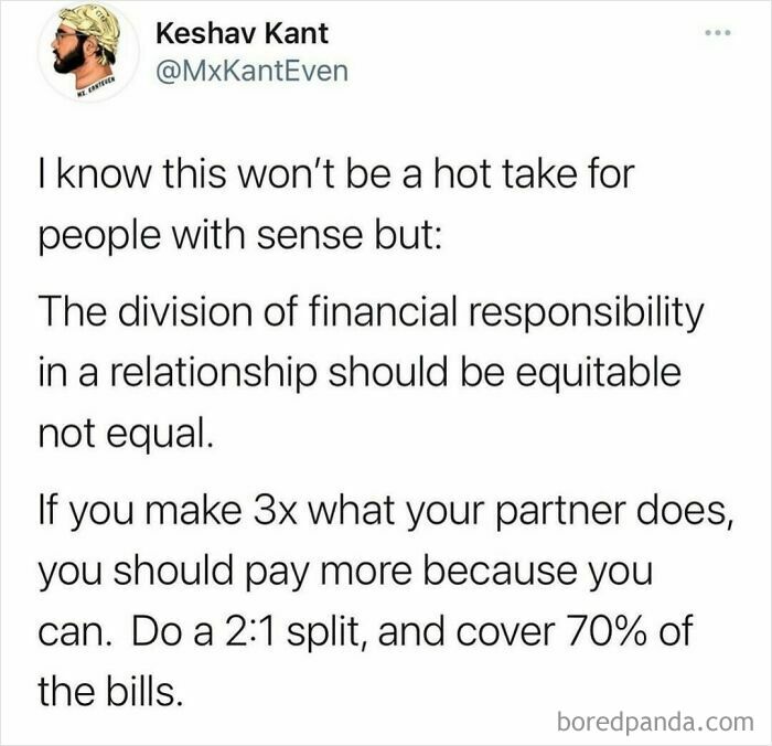 Tweet about financial responsibility in relationships explaining equitable payment, included in relatable shower feels posts.