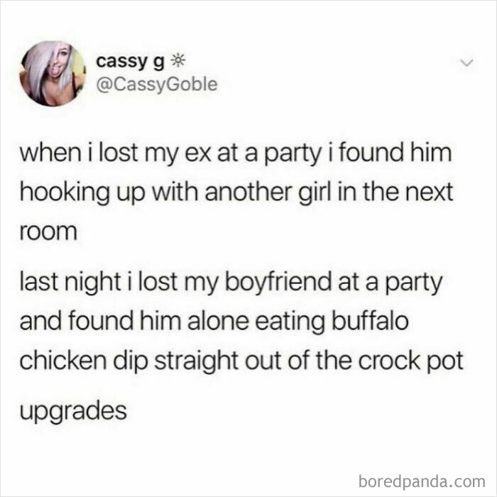 Social media post humor about relationships and unexpected moments, capturing relatable shower feels and party experiences.