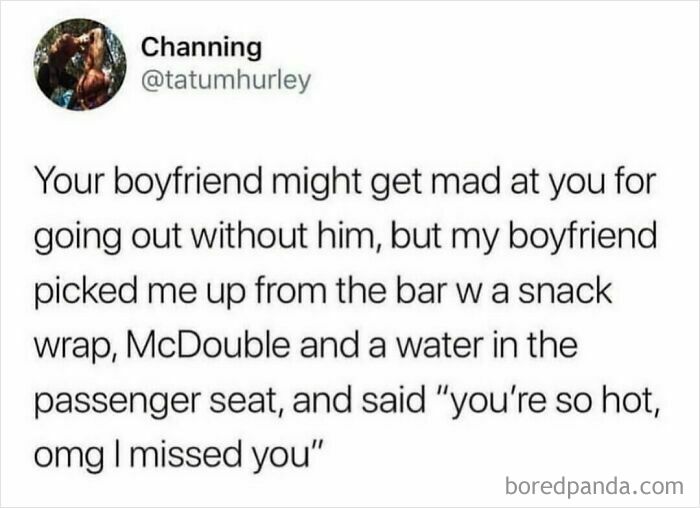 Text post by Channing sharing a relatable shower feels moment about sweet boyfriend gestures after a night out.