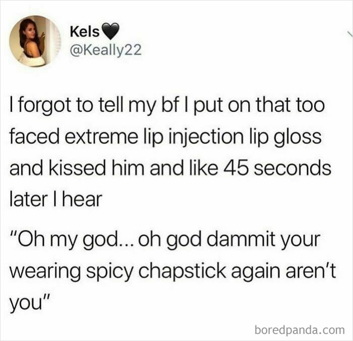 Text post about forgetting to tell boyfriend about lip gloss, relatable for shower feels and everyday moments.