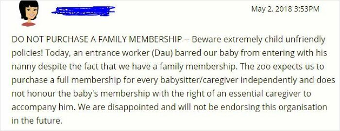 Screenshot of a parenting complaint exposing entitled behavior about family membership and baby care restrictions at a zoo.