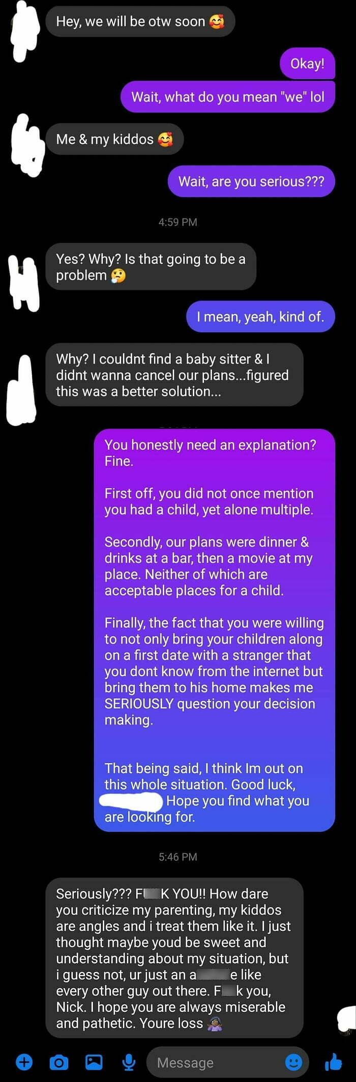 Text message conversation exposing entitled parents bringing kids on inappropriate dates, highlighting entitled parents behavior online.
