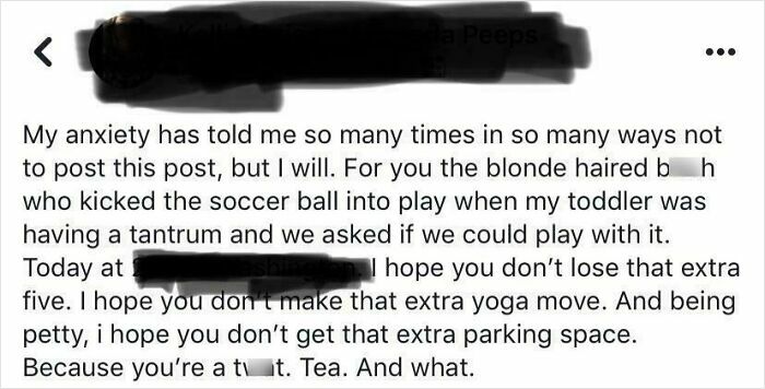 Screenshot of a social media post exposing entitled parents reacting to a toddler's tantrum over a soccer ball.