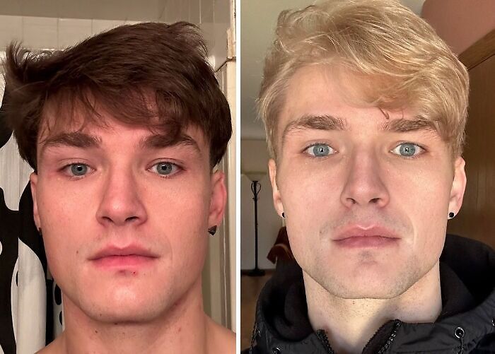 Side-by-side hair transformations of a young man showing a change from dark brown to blonde hair color.