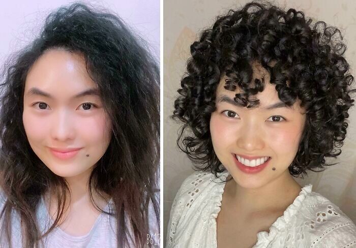 Before and after hair transformation showing a woman with natural long hair and styled gorgeous curly hair.