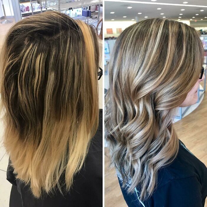 Before and after gorgeous hair transformations showing smooth, styled, and shiny hair with soft highlights in a salon setting.