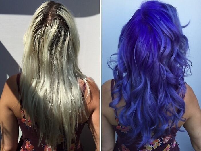 Side-by-side hair transformation showing before and after vibrant purple color and styled curls for gorgeous hair changes