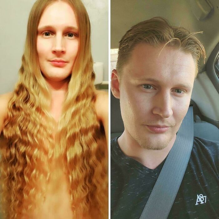 Side-by-side hair transformations showing a guy with long wavy hair before and short styled hair after.