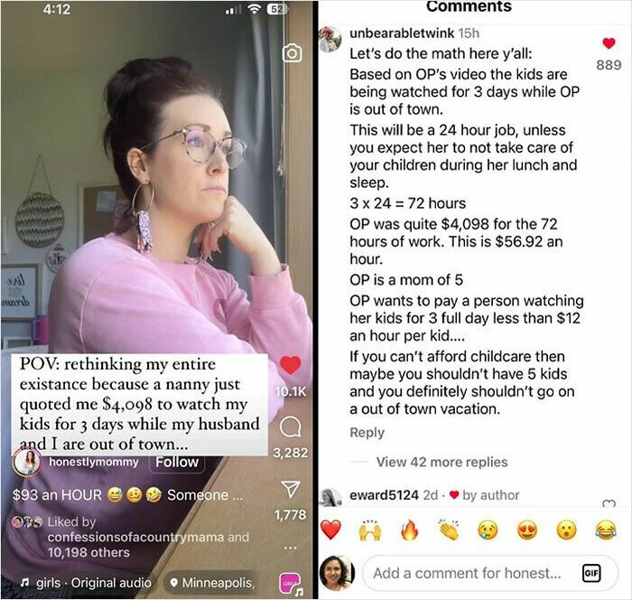 Woman in glasses reflecting on nanny cost, highlighted in comments about entitled parents exposed online.