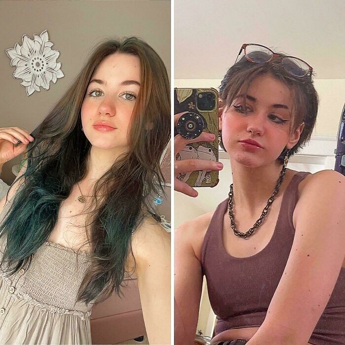 Two girls showing off their gorgeous hair transformations with different hairstyles and colors in casual settings.
