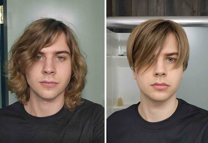 Young man showing a hair transformation with longer curly hair before and shorter straight hair after styling.