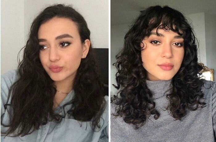 Side-by-side comparison showing gorgeous hair transformations of a woman with long wavy hair changing to curly styled hair.