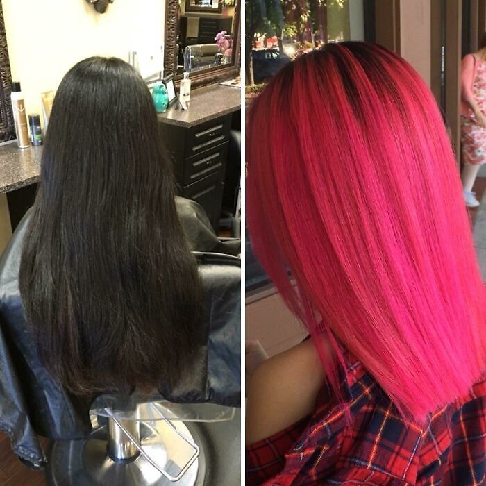Before and after hair transformation showing long black hair changed to vibrant pink, highlighting gorgeous hair transformations.