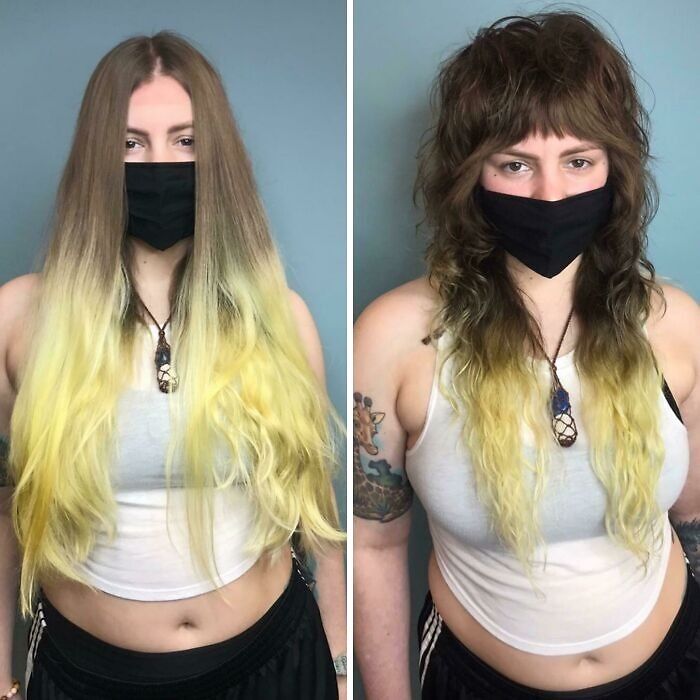 Before and after hair transformation showing a woman with long ombre hair cut into a layered, textured style.