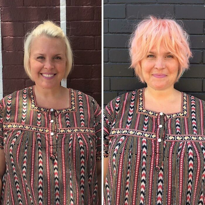 Woman showing gorgeous hair transformations with new pastel pink and blonde short hairstyles against brick walls.
