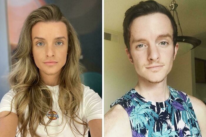 Side-by-side photos of a person showing gorgeous hair transformations with different hairstyles and colors.