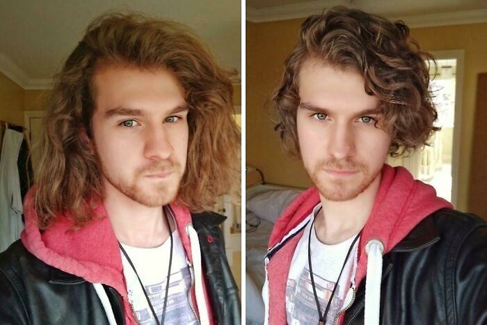 Young man showing a gorgeous hair transformation with longer to shorter curly hairstyle in indoor casual setting