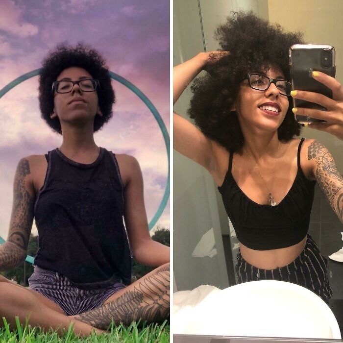 Side-by-side photos of a woman showing gorgeous hair transformations with natural curly afro hairstyle and glasses.