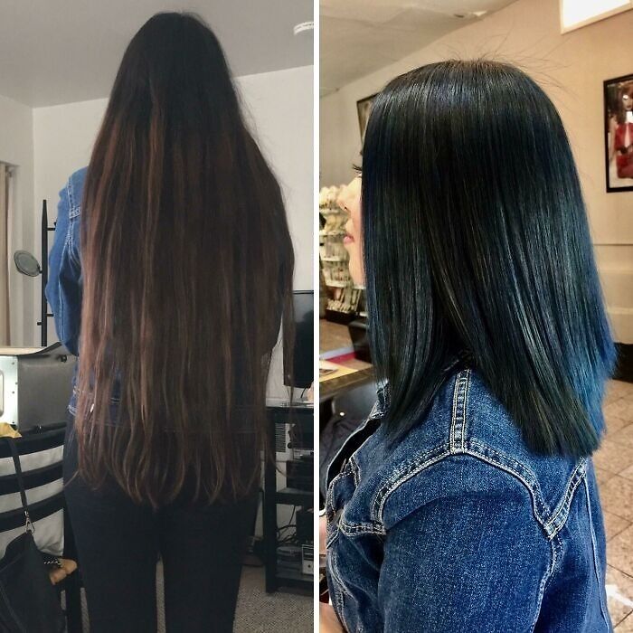 Side-by-side hair transformation showing long natural hair before and sleek medium-length hair after a stunning hair transformation.