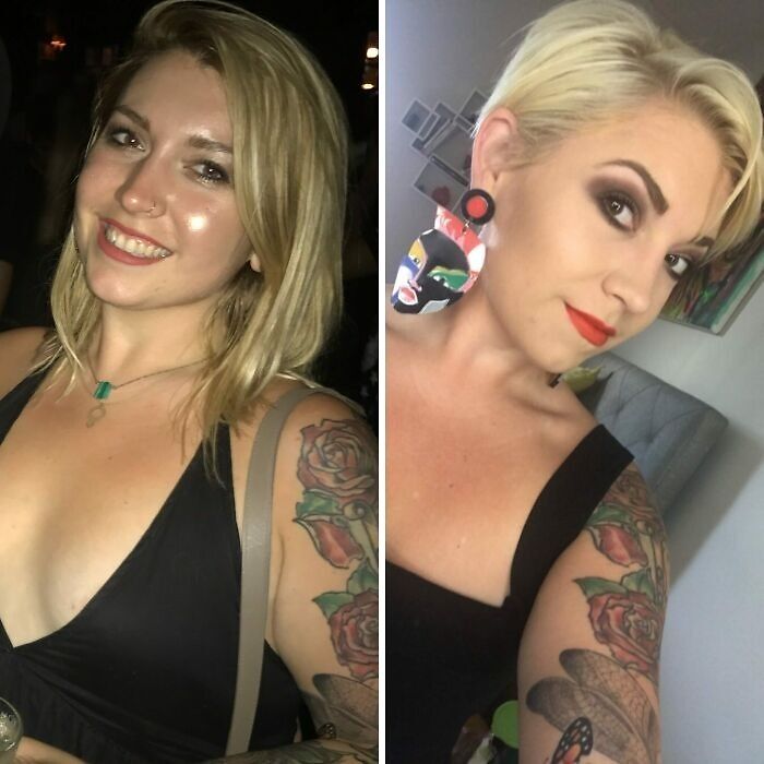 Side-by-side images showing a woman’s gorgeous hair transformation from medium blonde to chic short platinum blonde style.