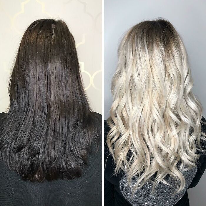 Before and after gorgeous hair transformations showing dark straight hair and light blonde wavy hair styles.
