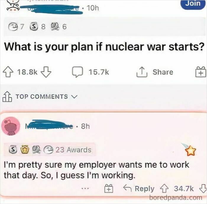 Social media post showing a humorous comment about nuclear war plans, perfect random memes for brain breaks.