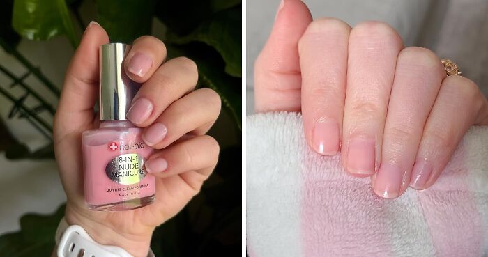 Hand holding nail polish bottle next to manicured nails, showcasing popular bestsellers pandas are buying right now.