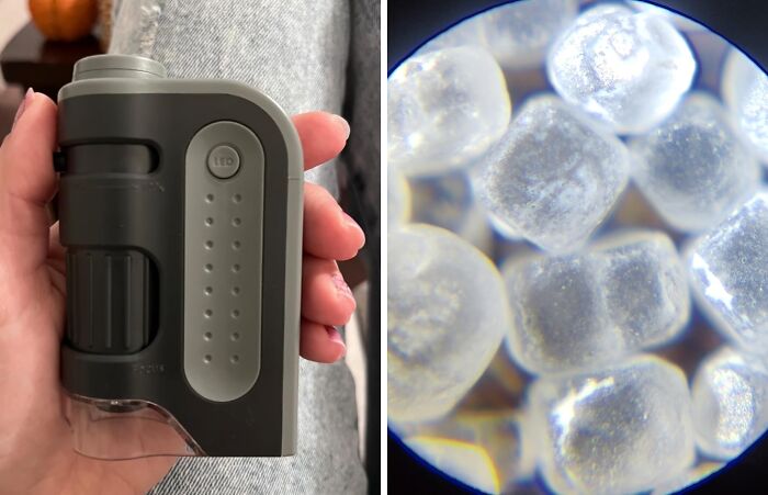 Handheld portable digital microscope and close-up view of salt crystals, a popular bestseller among pandas.