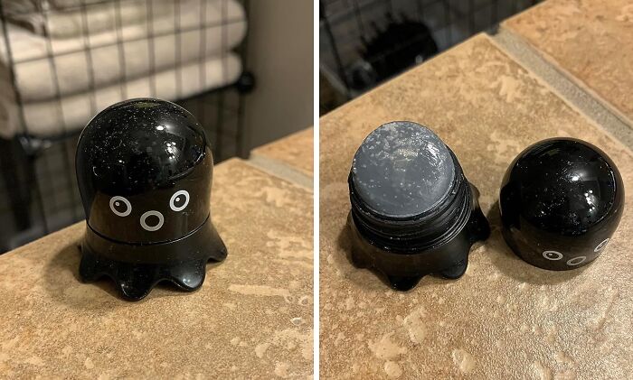 Black octopus-shaped skincare product on counter, one closed and one with exposed stick, popular bestseller item.