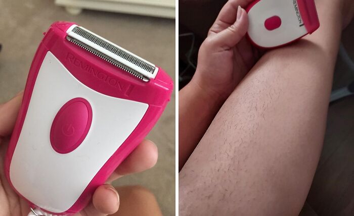 Pink and white electric shaver held over leg with visible hair, showcasing popular bestsellers for personal grooming.