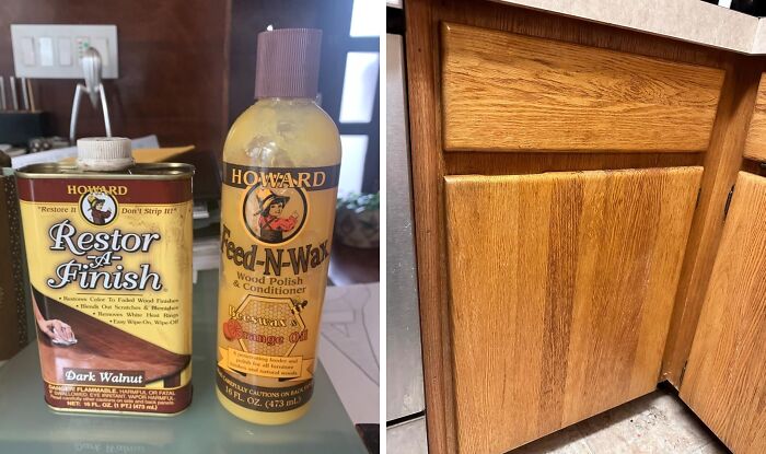 Wood polish and conditioner products used for refinishing and maintaining wood cabinets shown in kitchen setting.