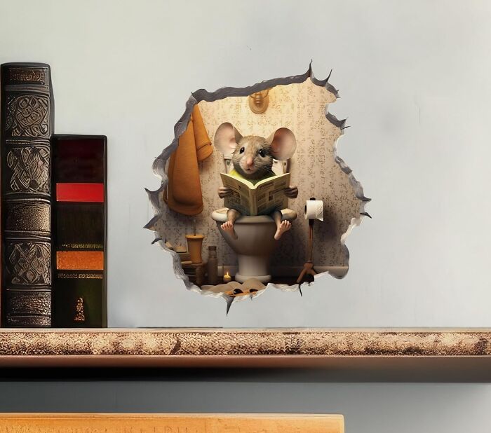 Mouse sitting on a toilet reading a book inside a wall hole, illustrating bestsellers pandas are buying right now.