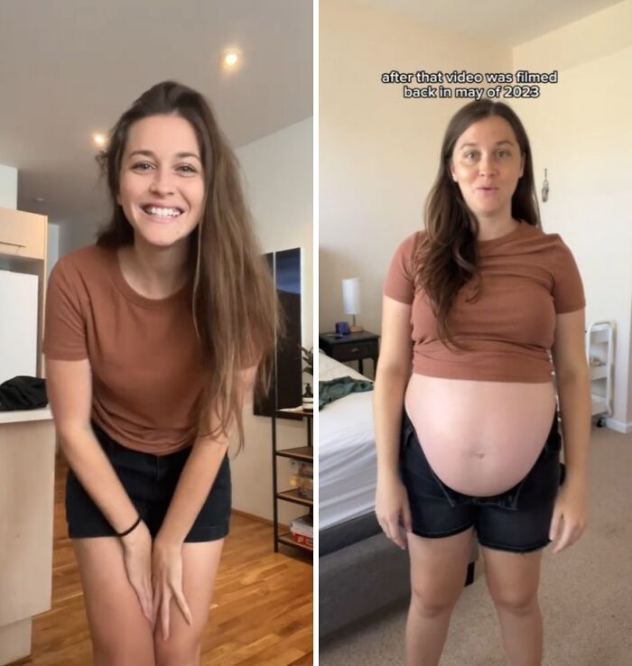 Woman showing physical appearance changes during pregnancy, smiling before and with a visible baby bump in casual clothing.