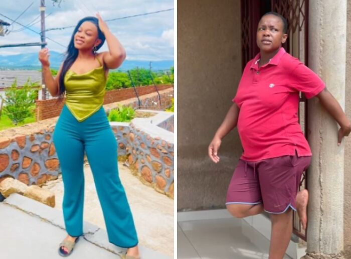 Before and during pregnancy photos of a woman showing physical appearance changes in casual outdoor settings.