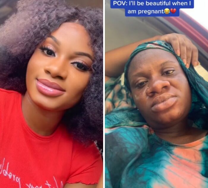 Side-by-side images of a woman showing changes in her physical appearance during pregnancy, including makeup and natural look.