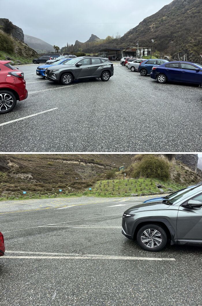 Car parked across multiple spaces in a crowded parking lot showing rude and entitled tourists behavior outdoors.