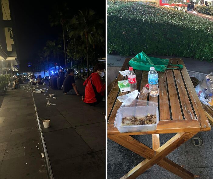 Entitled and rude tourists leaving trash on outdoor benches and public seating areas at night and day.