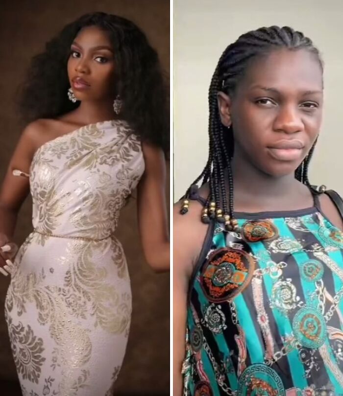 Before and during pregnancy comparison of a woman showing physical appearance changes in two side-by-side images.