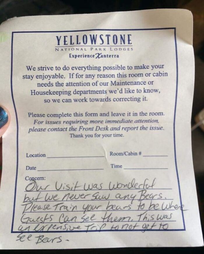 Form from Yellowstone National Park Lodge with a rude tourist complaint about not seeing bears during their stay.