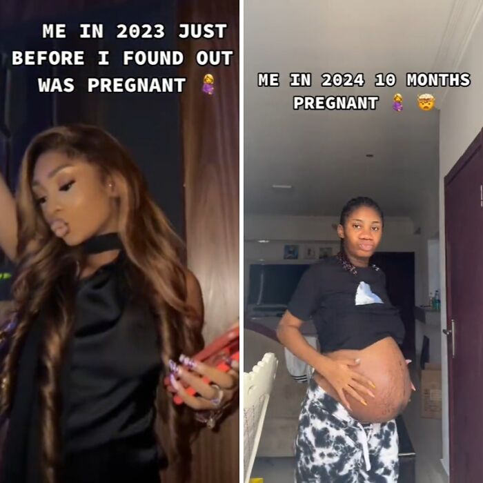 Side-by-side images showing a woman’s physical appearance changes before pregnancy and at 10 months pregnant.