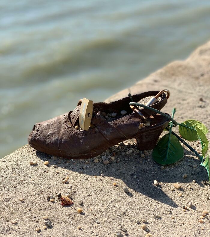 Worn-out shoe left on a concrete ledge near water, symbolizing rude and obnoxious tourists ignoring rules.