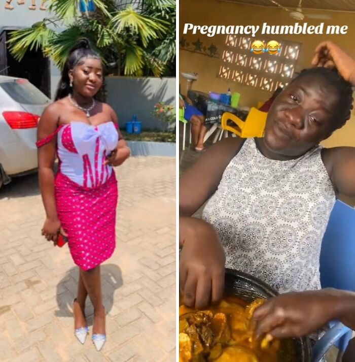 Before and after photos showing how physical appearance changed during pregnancy with noticeable differences in style and expressions.