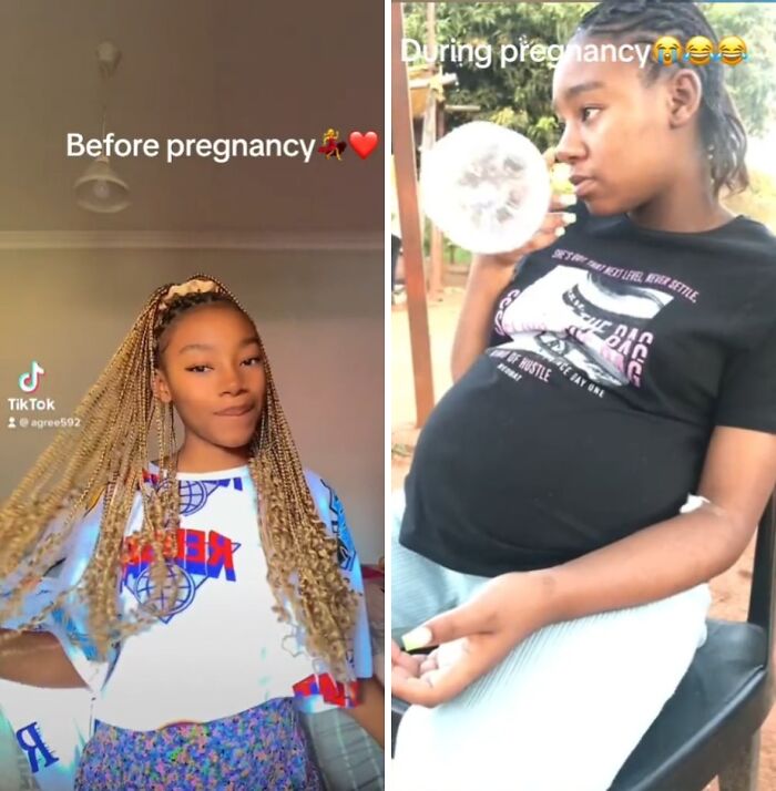 Young woman showing physical appearance changes during pregnancy, comparing before and during pregnancy stages.