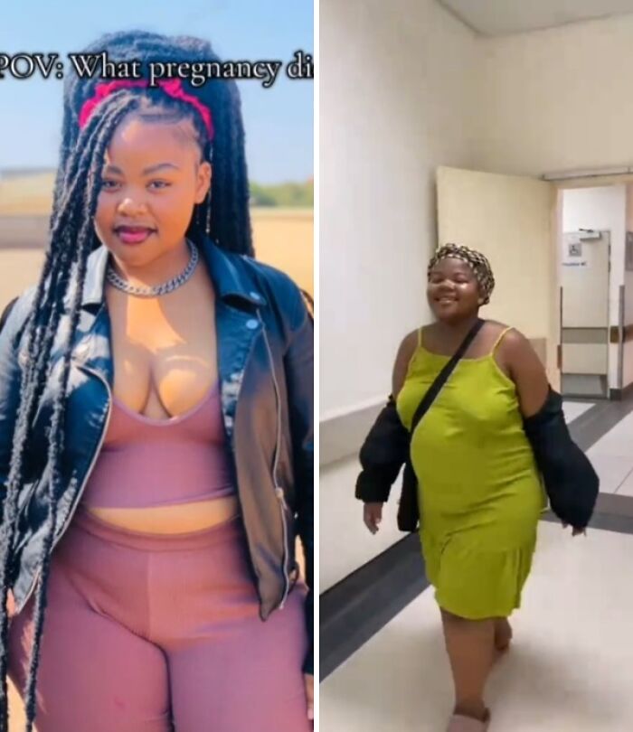 Before and during pregnancy, a woman poses outdoors in activewear and later walks indoors with a visible baby bump in a green dress.