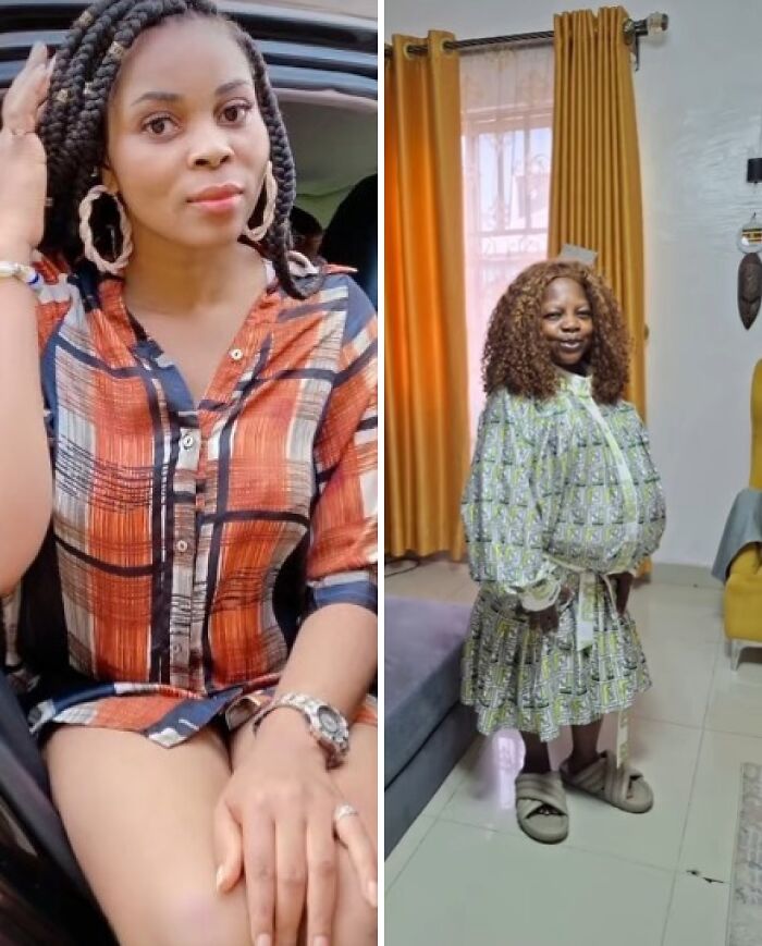 Woman showing physical appearance changes during pregnancy wearing different outfits and hairstyles in indoor settings.