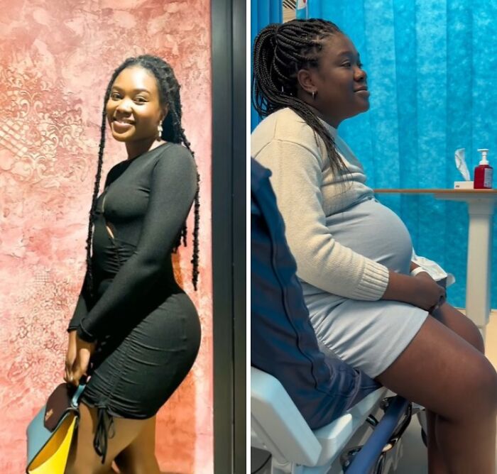 Two women showing changes in physical appearance during pregnancy with contrasting outfits and settings.