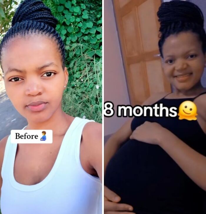Side-by-side photos showing a woman’s physical appearance changes during pregnancy at eight months.