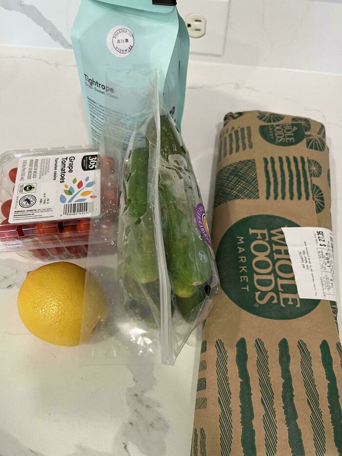 Grocery items including tomatoes, lemon, cucumbers, coffee, and meat showing grocery cost where they live.