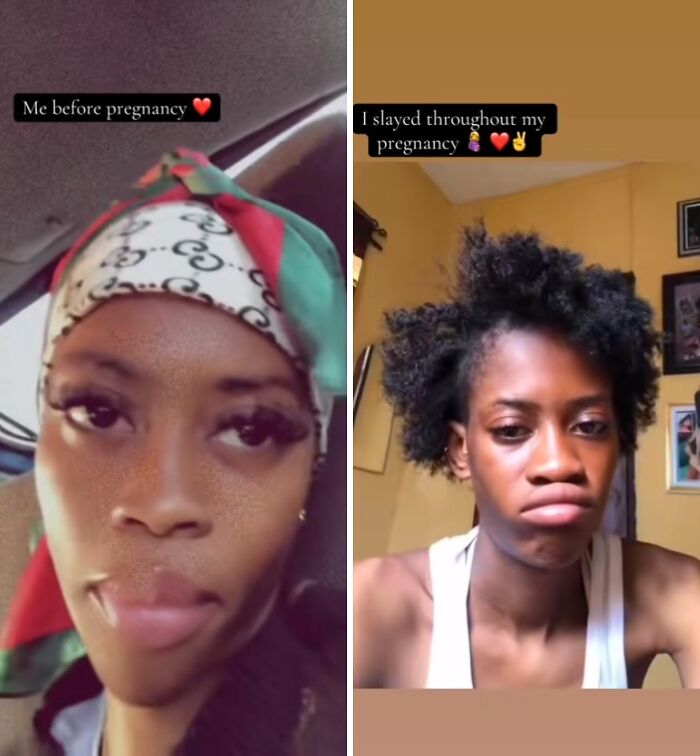 Before and during pregnancy photos of a woman showing changes in physical appearance during pregnancy journey.