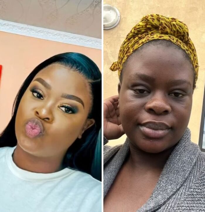 Before and during pregnancy comparison of a woman showing changes in physical appearance and skin texture.